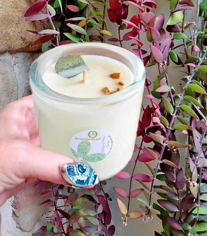 Natürliche Natur Duftkerze Eukalyptus & Minz Energie  mit naturreinen ätherischen Ölen duftendes Geschenk