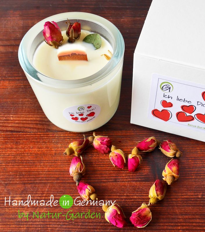 Natur Duftkerze"Ich liebe Dich" mit Rosenwachs & Holzdocht 200ml